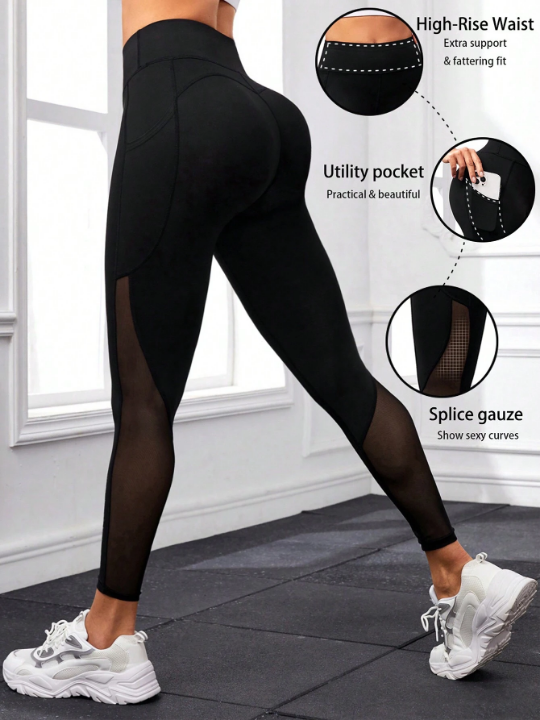 Yoga Basic High Waisted Sport Leggings With Side Mesh Insert And Pocket