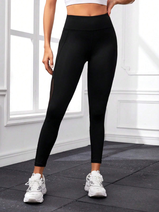 Yoga Basic High Waisted Sport Leggings With Side Mesh Insert And Pocket