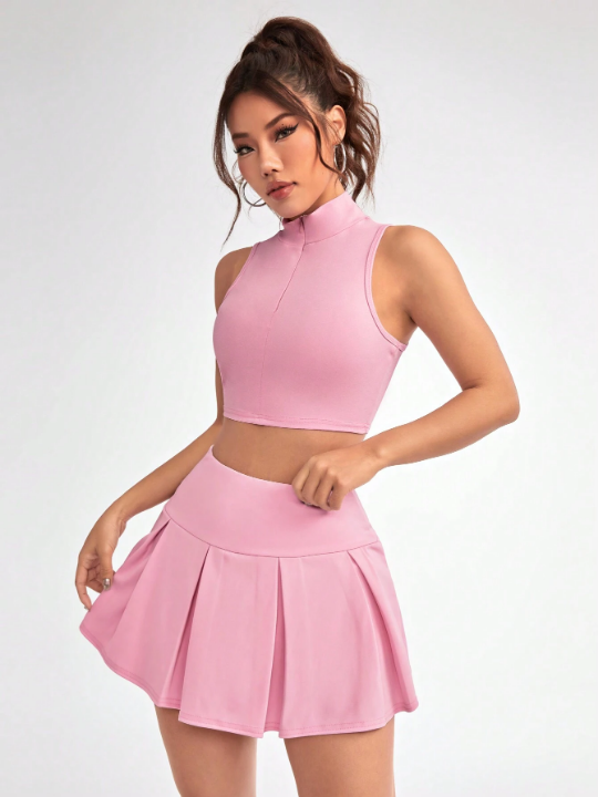 Daily&Casual Women's Solid-Colored Stand Collar Vest & Pleated Skirt Sportswear Set