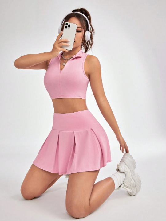 Daily&Casual Women's Solid-Colored Stand Collar Vest & Pleated Skirt Sportswear Set