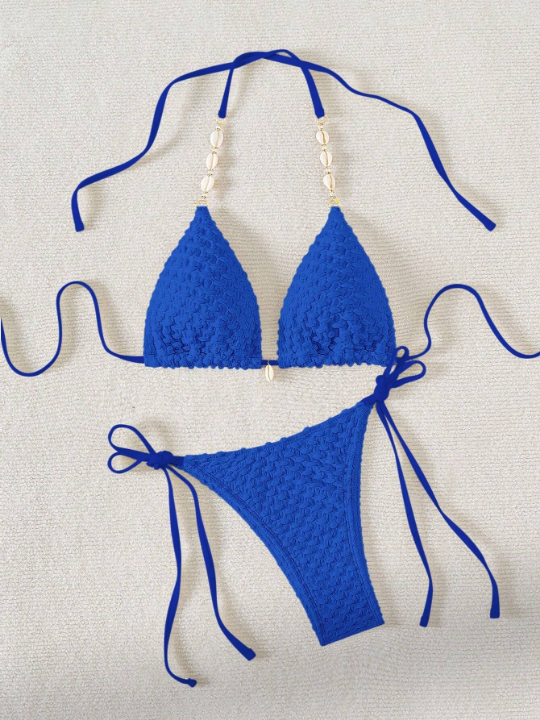 Solid Color Textured Triangle Cup Bikini Set With Knot Detailing And Tie Side Bottoms Music Festival