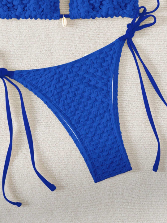 Solid Color Textured Triangle Cup Bikini Set With Knot Detailing And Tie Side Bottoms Music Festival