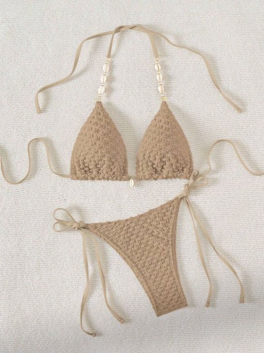 Solid Color Textured Triangle Cup Bikini Swimsuit Set With Knotted Front And Side Tie Detail Music Festival