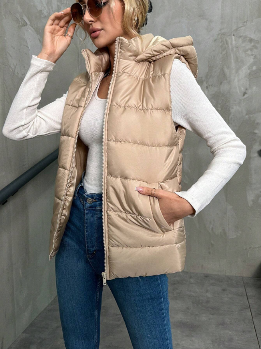 Frenchy Women's Solid Color Sleeveless Hooded Padded Jacket