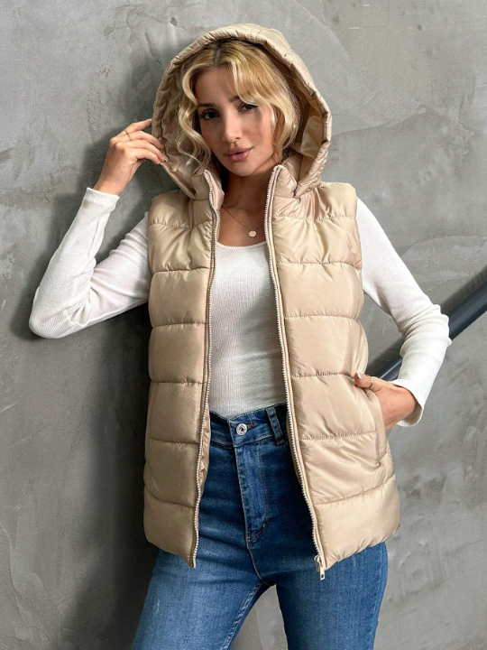 Frenchy Women's Solid Color Sleeveless Hooded Padded Jacket