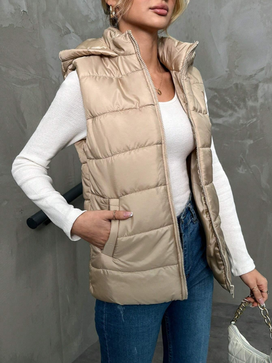 Frenchy Women's Solid Color Sleeveless Hooded Padded Jacket