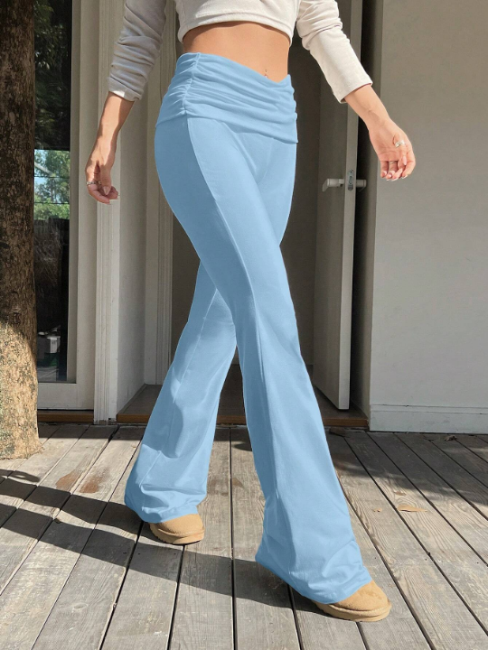 EZwear Women's Solid Color High Waist Flared Pants With Pleated Detail