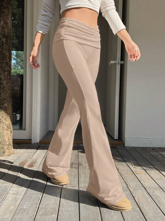 EZwear Women's Solid Color High Waist Pleated Flared Pants