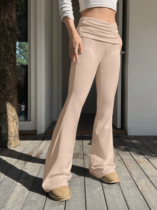 EZwear Women's Solid Color High Waist Pleated Flared Pants