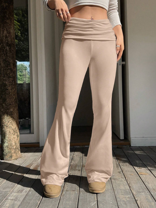 EZwear Women's Solid Color High Waist Pleated Flared Pants