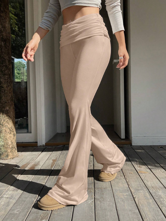 EZwear Women's Solid Color High Waist Pleated Flared Pants