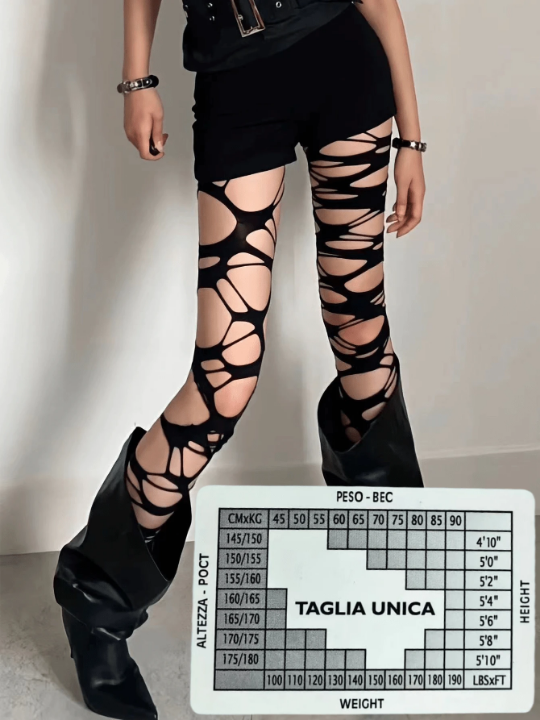 Women's Sexy Subculture Black Torn Fishnet Stockings Y2k Style Hand Ripped Netted Tights, No Socks Included