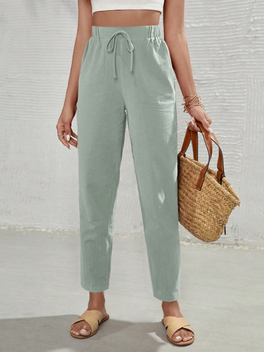 Frenchy Women's Solid Color Knotted Waist Pants, Green Pants, Linen Pants, Made Of Green Material, Summer Bottoms