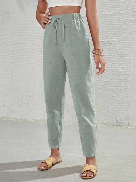 Frenchy Women's Solid Color Knotted Waist Pants, Green Pants, Linen Pants, Made Of Green Material, Summer Bottoms