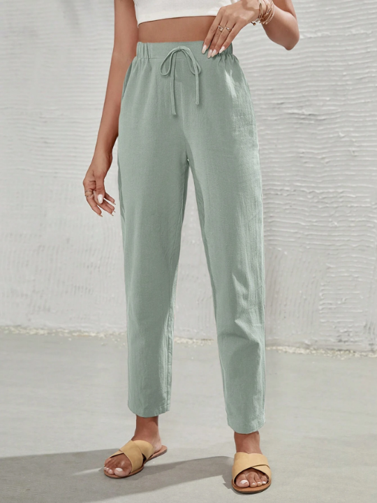 Frenchy Women's Solid Color Knotted Waist Pants, Green Pants, Linen Pants, Made Of Green Material, Summer Bottoms