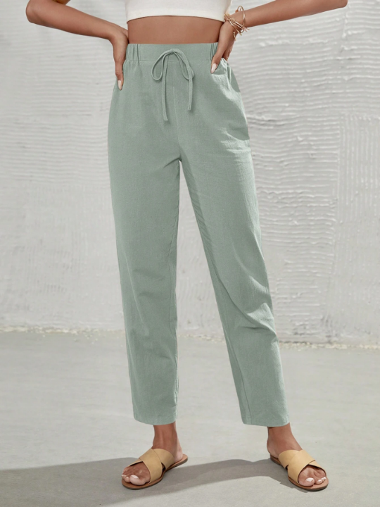 Frenchy Women's Solid Color Knotted Waist Pants, Green Pants, Linen Pants, Made Of Green Material, Summer Bottoms