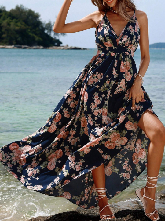 VCAY Holiday Floral Printed Backless Spaghetti Strap Dress