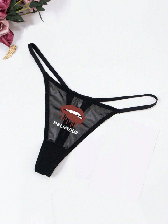 Women's Sexy Lace Breathable Thong Panties With Lips Pattern