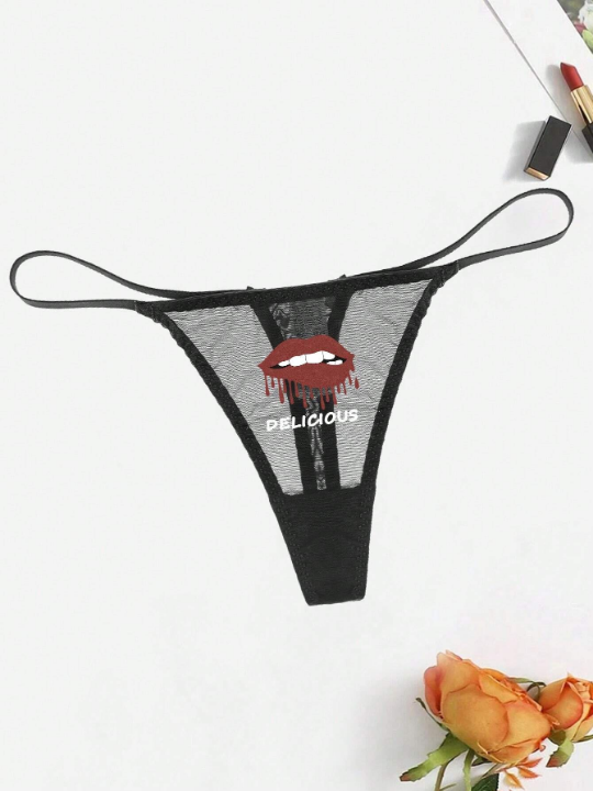 Women's Sexy Lace Breathable Thong Panties With Lips Pattern