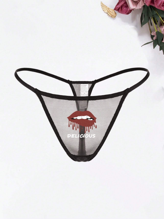 Women's Sexy Lace Breathable Thong Panties With Lips Pattern