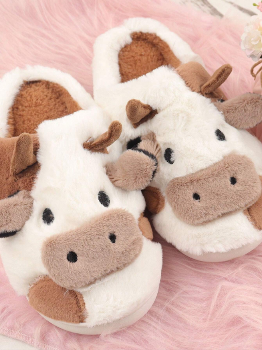 Home Slippers With Animal Cartoon Pattern, Cozy And Warm Indoor Shoes, Anti-Skid, Fashionable And Comfortable, With Milk Pattern