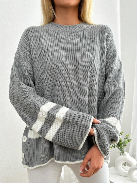 Women's Buttoned Sweater With Drop Shoulder And Asymmetric Hem