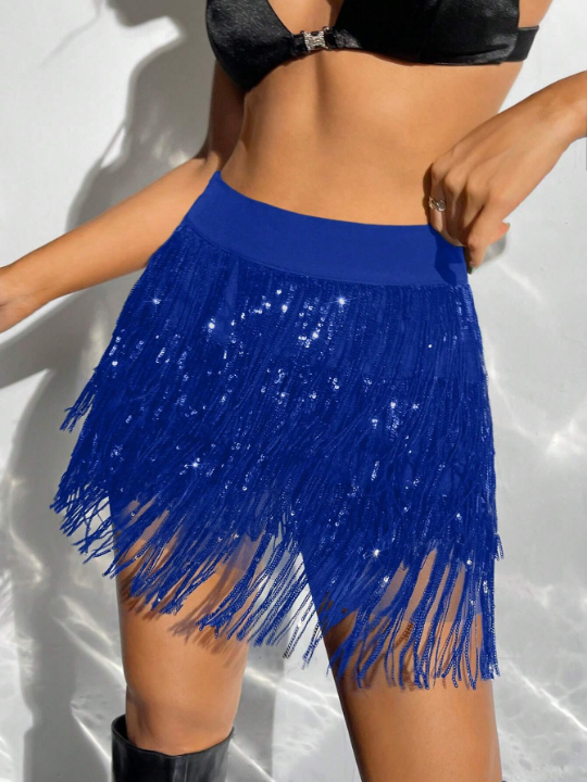 ICON Multi-Layer Sequin Tassels High Waist Skirt