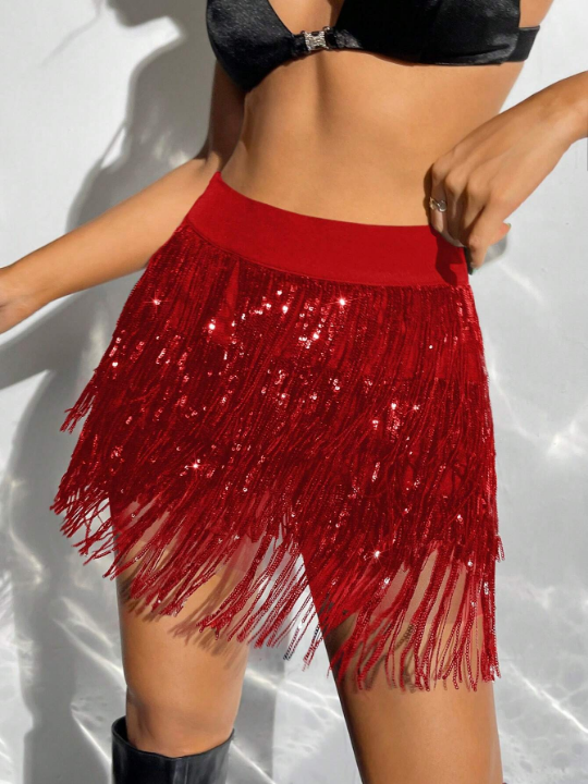 ICON Multi-Layer Sequin Tassel High Waist Skirt