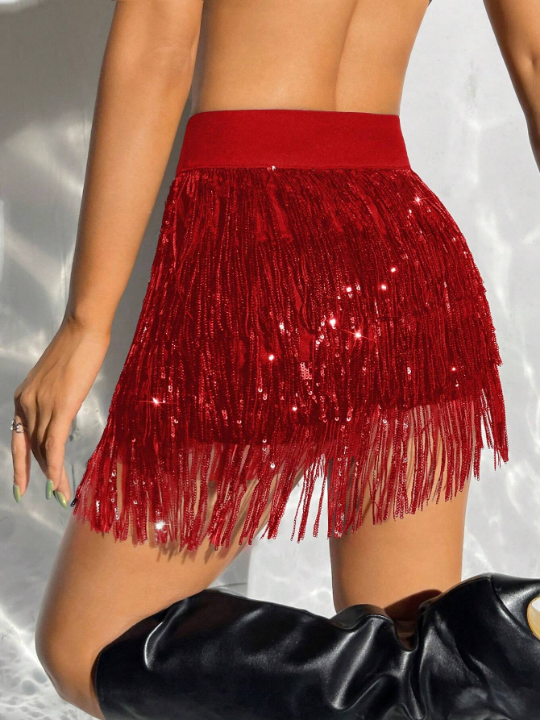 ICON Multi-Layer Sequin Tassel High Waist Skirt