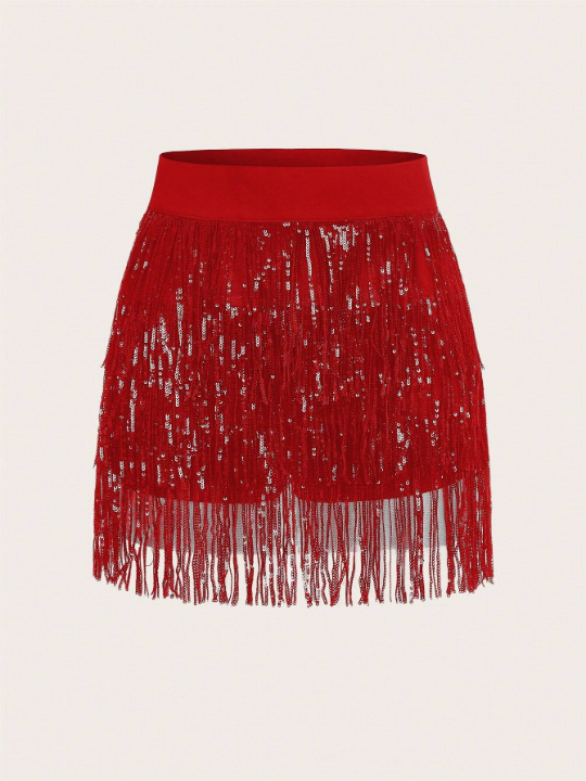 ICON Multi-Layer Sequin Tassel High Waist Skirt