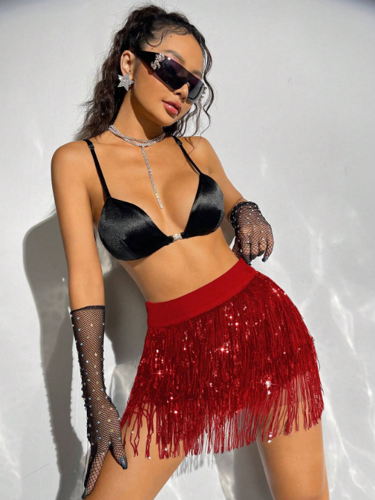 ICON Multi-Layer Sequin Tassel High Waist Skirt