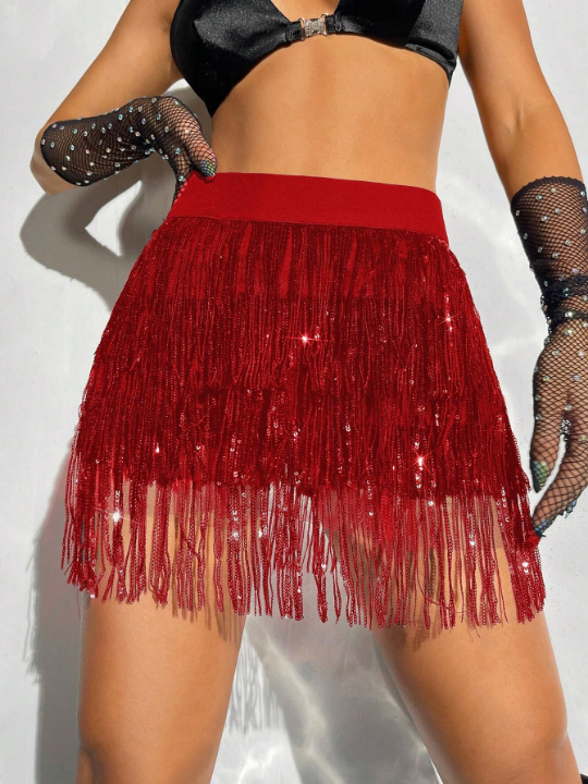 ICON Multi-Layer Sequin Tassel High Waist Skirt