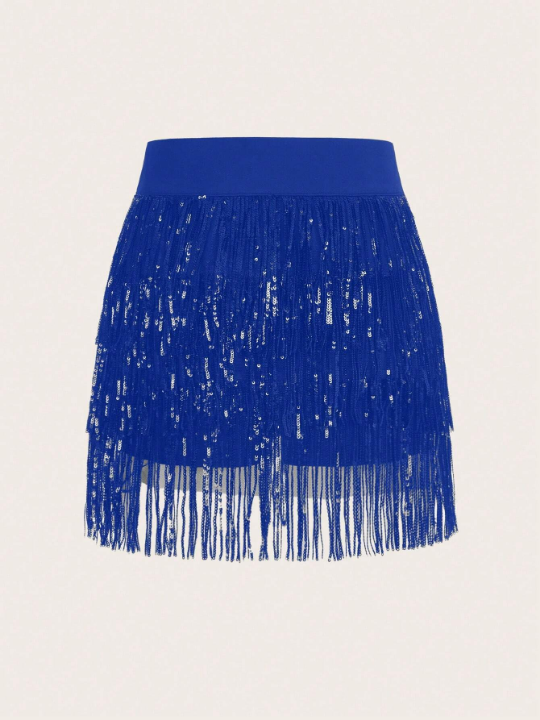 ICON Multi-Layer Sequin Tassels High Waist Skirt