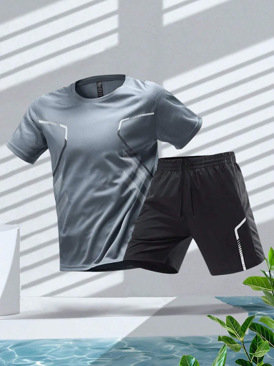 Men's Basketball, Running, Cycling, Fitness, Breathable, Ice Silk, Quick-Dry, Short Sleeve T-Shirt And Shorts Sports Suit Gym Clothes Men, Athletic Suit, Tracksuit Men Shorts Set