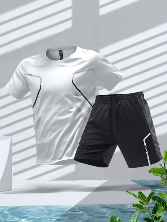 Men's Basketball/Running/Cycling/Fitness Breathable Short Sleeve Quick-Dry Ice Silk T-Shirt And Shorts Sportswear Set Gym Clothes Men, Athletic Suit, Tracksuit Men Shorts Set