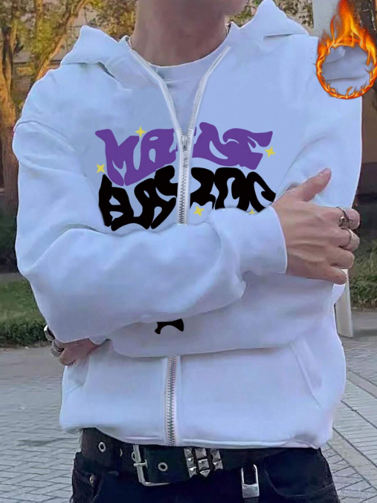 Manfinity Hypemode Loose Fit Men's Hooded Sweatshirt With Letter Print, Zipper Closure And Fleece Lining