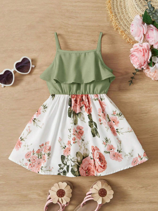 Baby Girl's Cute Floral Print Spaghetti Strap Dress