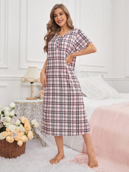 Women's Spring New Arrival Plaid One-Piece Home Sleep Dress With Front Open V-Neckline