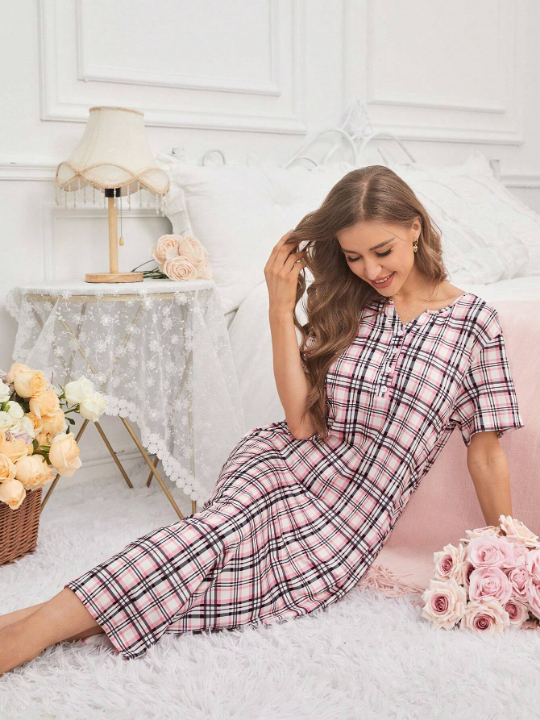 Women's Spring New Arrival Plaid One-Piece Home Sleep Dress With Front Open V-Neckline