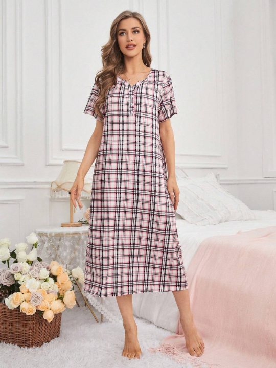 Women's Spring New Arrival Plaid One-Piece Home Sleep Dress With Front Open V-Neckline