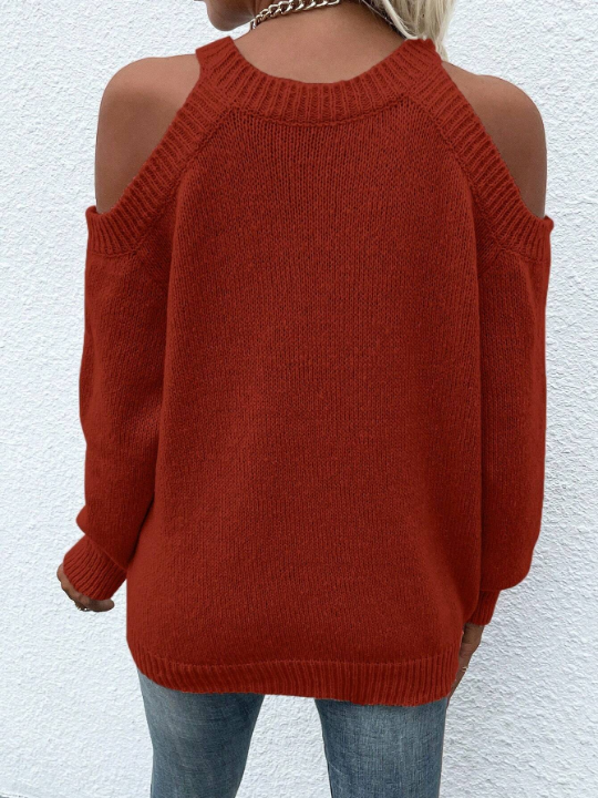 LUNE Solid Color Sweater With Hollow Out Shoulder Design