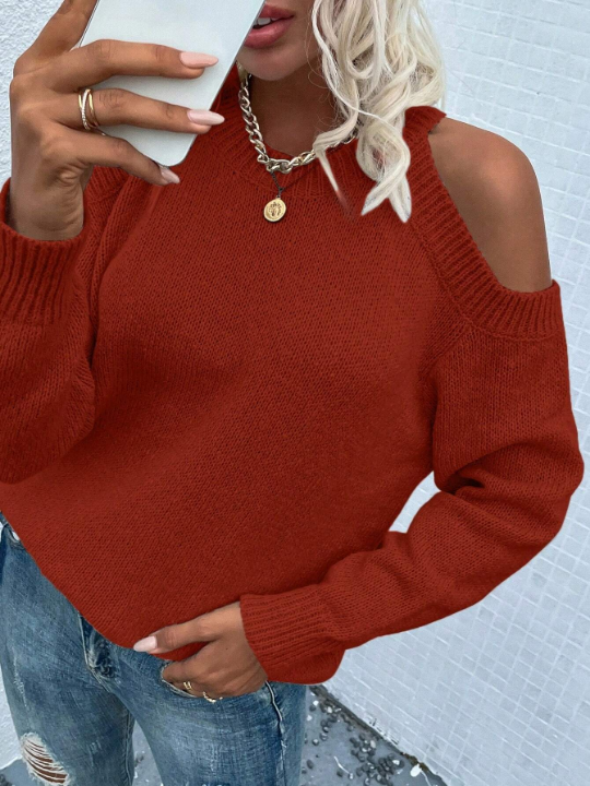 LUNE Solid Color Sweater With Hollow Out Shoulder Design