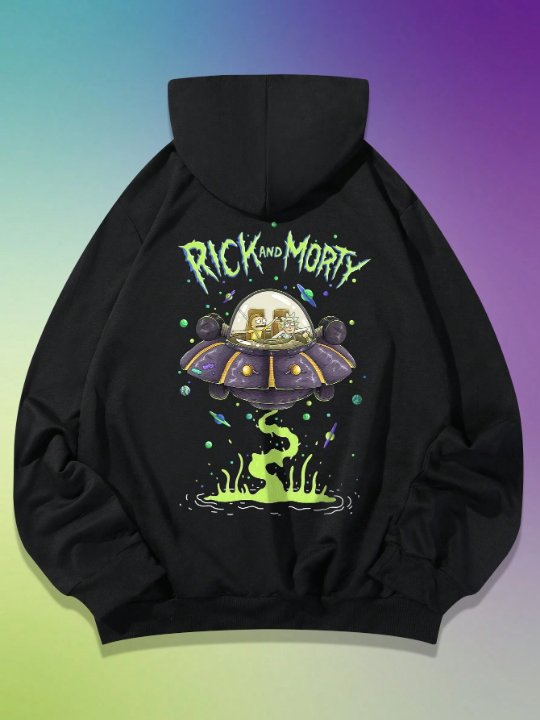 Rick and Morty | ROMWE Men Letter Graphic Drawstring Hoodie