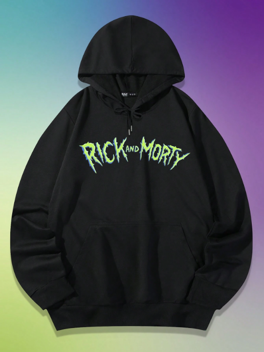 Rick and Morty | ROMWE Men Letter Graphic Drawstring Hoodie