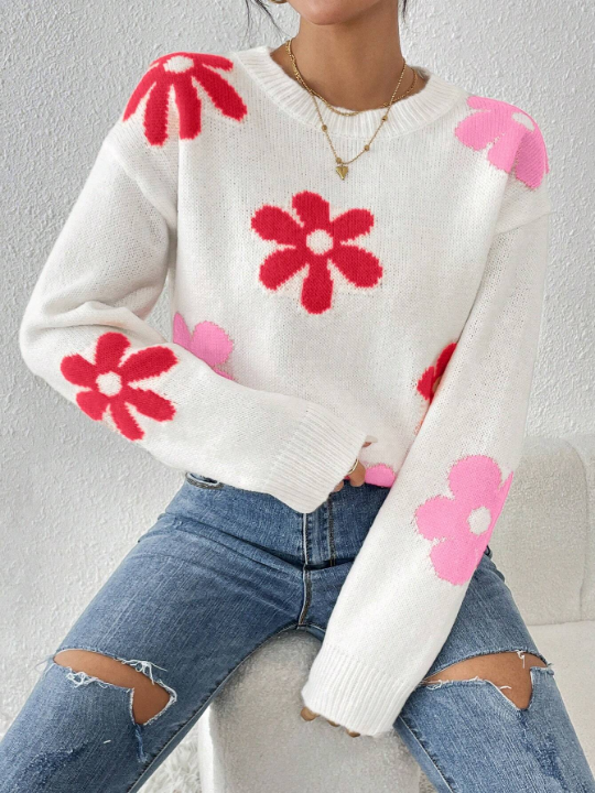 Flower Pattern Drop Shoulder Sweater