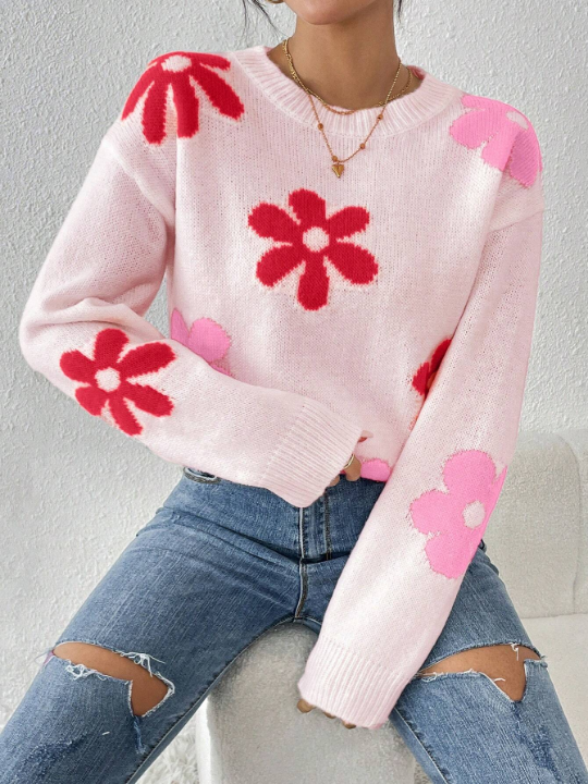 Flower Pattern Drop Shoulder Sweater