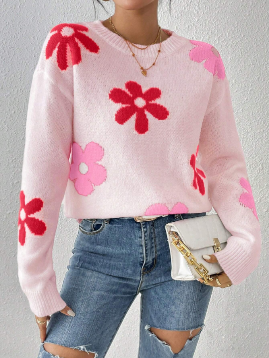 Flower Pattern Drop Shoulder Sweater