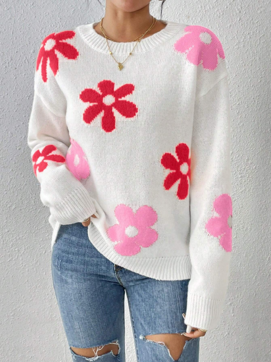 Flower Pattern Drop Shoulder Sweater