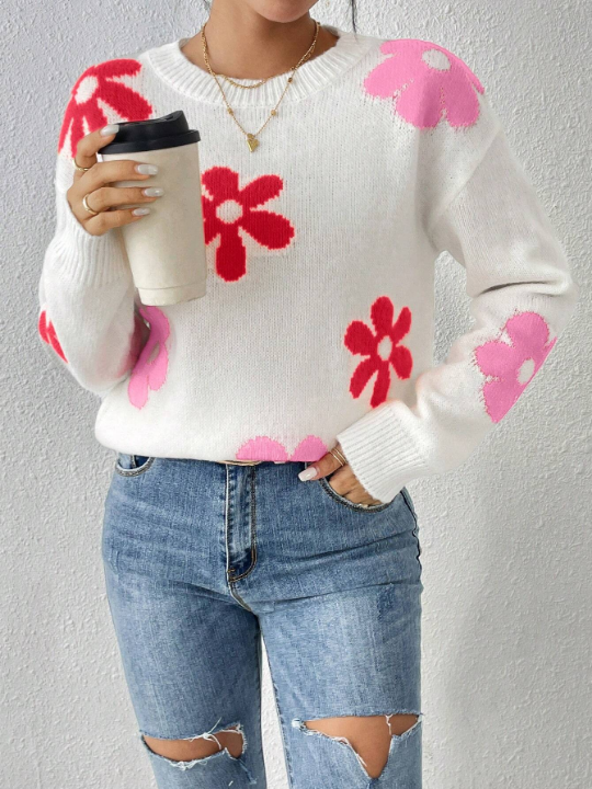 Flower Pattern Drop Shoulder Sweater