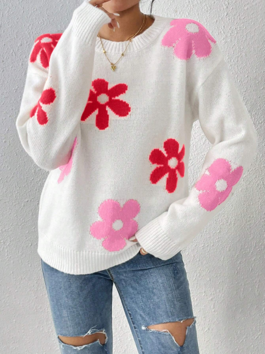 Flower Pattern Drop Shoulder Sweater